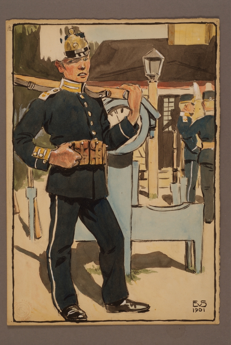 Kjell Hedberg, Plansch with a uniform for the Livregementet to foot, drawn by Einar von Strokirch.