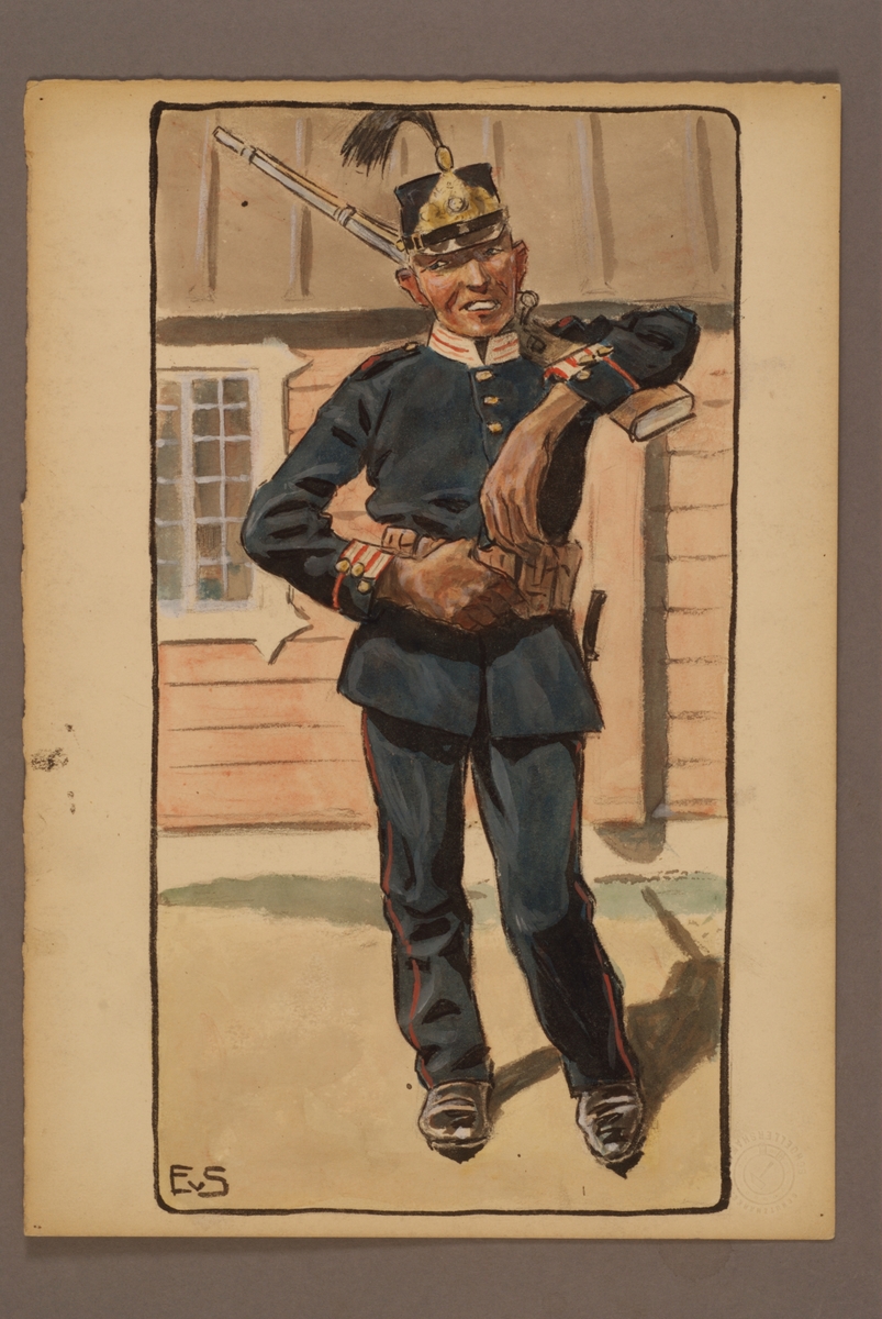 Kjell Hedberg, Plansch with a uniform for the Second Livgrenadjärregementet, drawn by Einar von Strokirch.