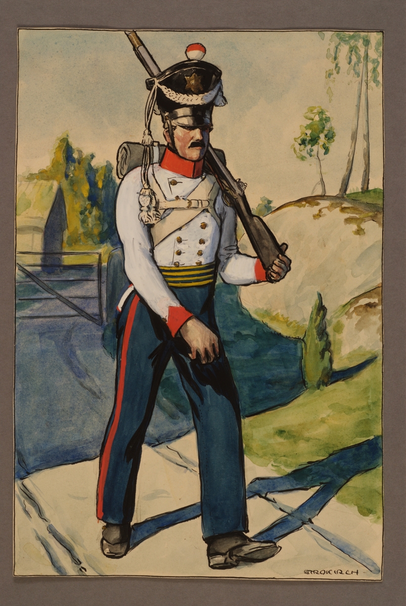 Kjell Hedberg, Plansch med uniform för soldat vid Västgöta regemente, ritad av Einar von Strokirch.