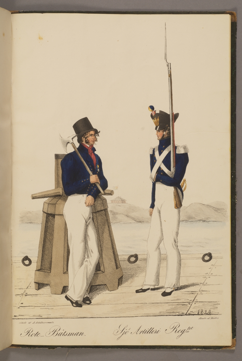 Kjell Hedberg, Plaque with a uniform for boatman and Lake Artillery. Hand colorated lithography after original by Adolf Ulric Schützercrantz. Included in the collection of the Swedish Royal Army Uniforms issued by Müller in 1825.