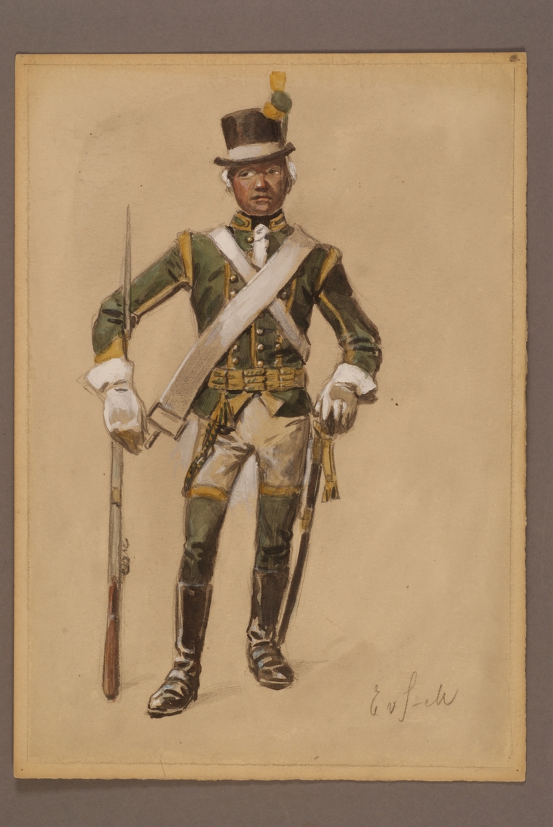 Kjell Hedberg, Plansch with a uniform for light dragon at Bohusläns dragons, drawn by Einar von Strokirch.