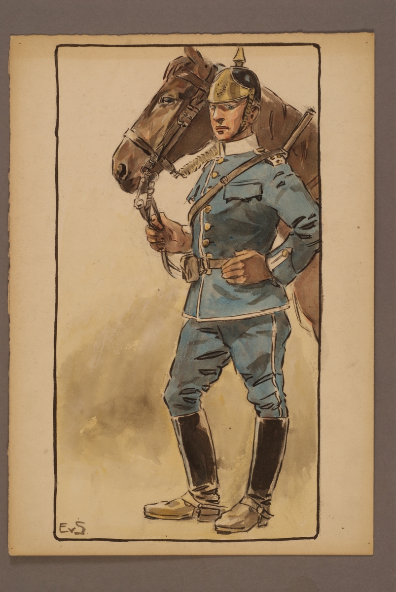 Kjell Hedberg, Plansch med uniform för Livregementets dragoner, ritad av Einar von Strokirch.