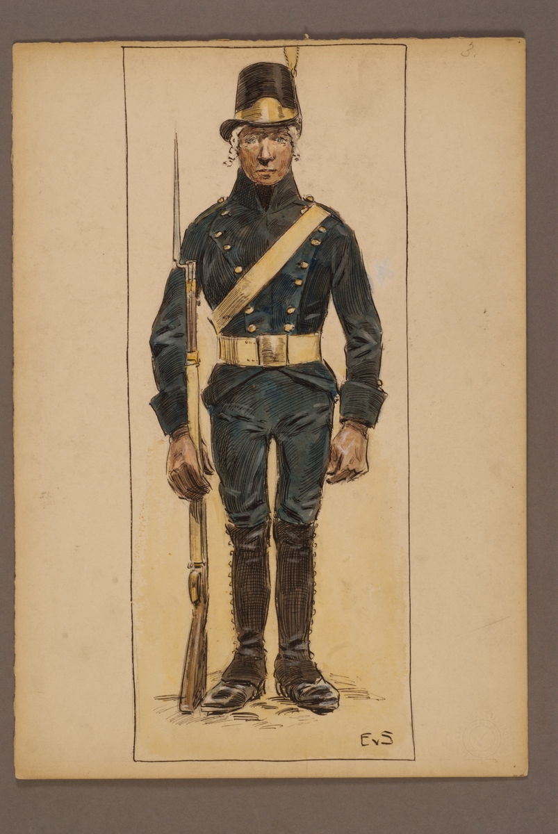 Kjell Hedberg, Plansch with a uniform for artillery, drawn by Einar von Strokirch.
