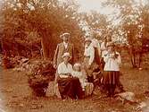 Familjegrupp sju personer vid ett träd.
Alfred och Gerda Thermaenius med barnen Barbro, Sven, Carl-Edvard, Ulla och Maj.