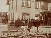 Hunden Björn med släde och en liten flicka i släden, utanför ett hus.
Maj Thermaenius