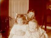 Rumsinteriör, en kvinna och två barn.
Gerda Thermaenius (född Callmander) med barnen Maj och Sven.