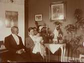 Rumsinteriör, familjegrupp tre personer.Anna Gustavsson (Gavenius) född Thermanius med maken Ernst Gustavsson och sonen Lennart.