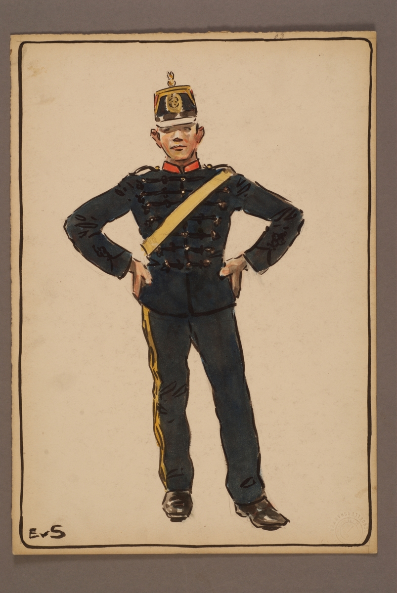 Kjell Hedberg, Plansch with a uniform for Vaxholm Artillery Corps, drawn by Einar von Strokirch.