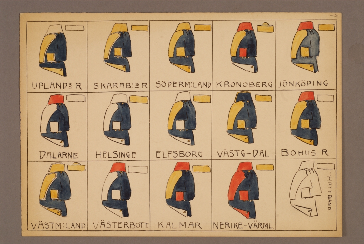 Kjell Hedberg, Plansch med schema över uniformering för svenska indelta linje infanteriet, ritad av Einar von Strokirch.