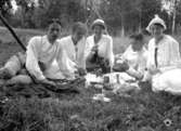 Grupp fem personer i gräset, picknick.
Dalarna.
