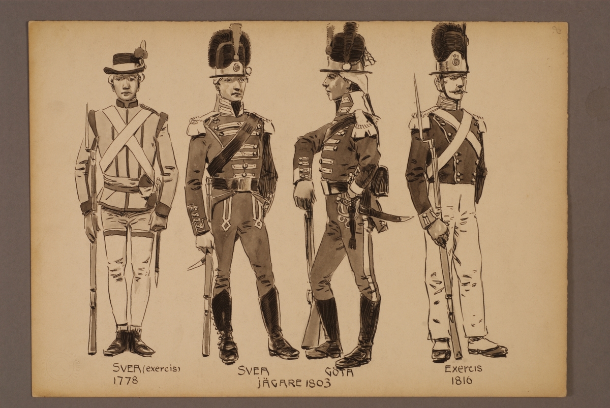 Kjell Hedberg, Plansch med uniform för Svea livgarde och Göta livgarde för, ritad av Einar von Strokirch.