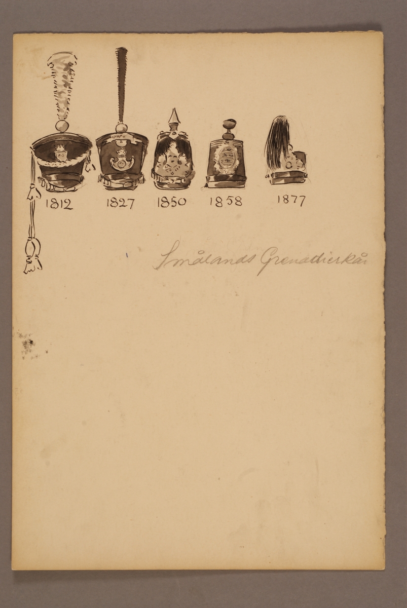 Kjell Hedberg, Plansch med huvudbonader för Smålands grenadjärkår för åren 1812-1877, ritad av Einar von Strokirch.
