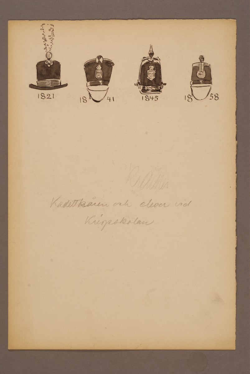 Kjell Hedberg, Plansch med huvudbonader för Kadettkåren och elever vid Krigsskolan för åren 1821-1858, ritad av Einar von Strokirch.