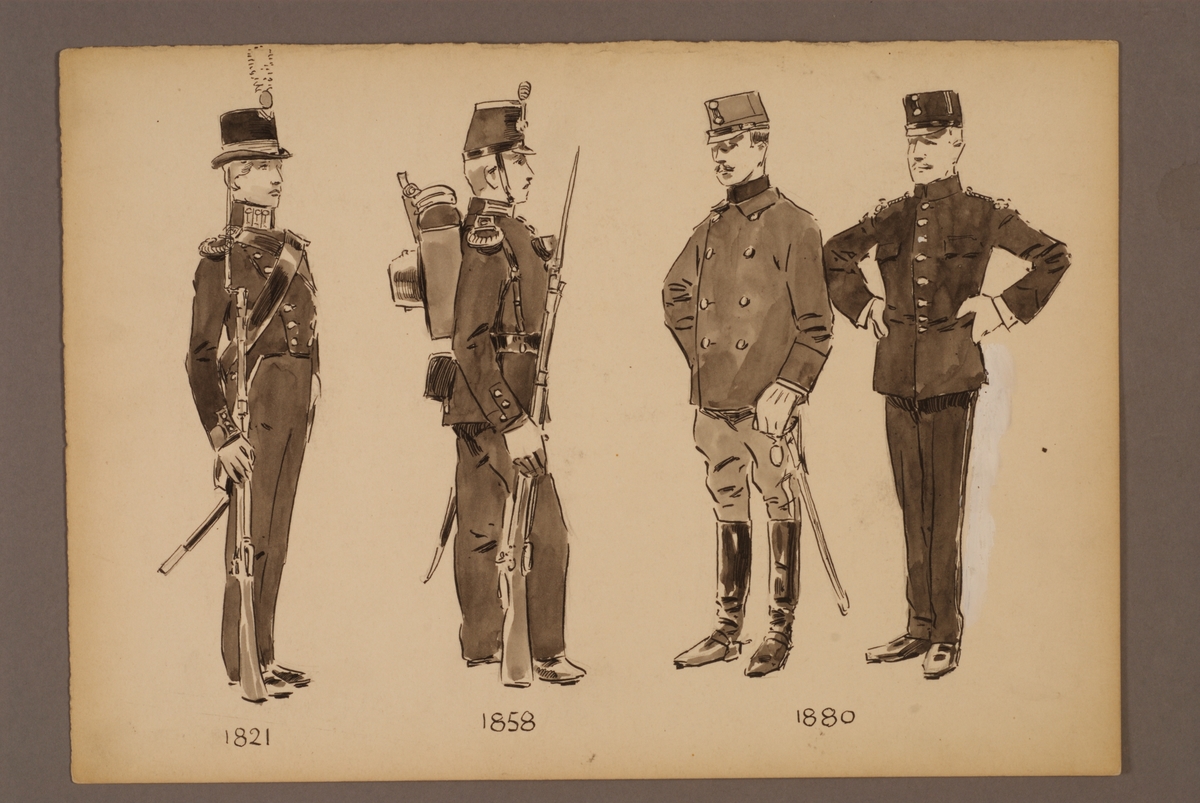 Kjell Hedberg, Plansch with uniform for the Cadet Corps and pupils at the War School for the years 1821-1880, drawn by Einar von Strokirch.