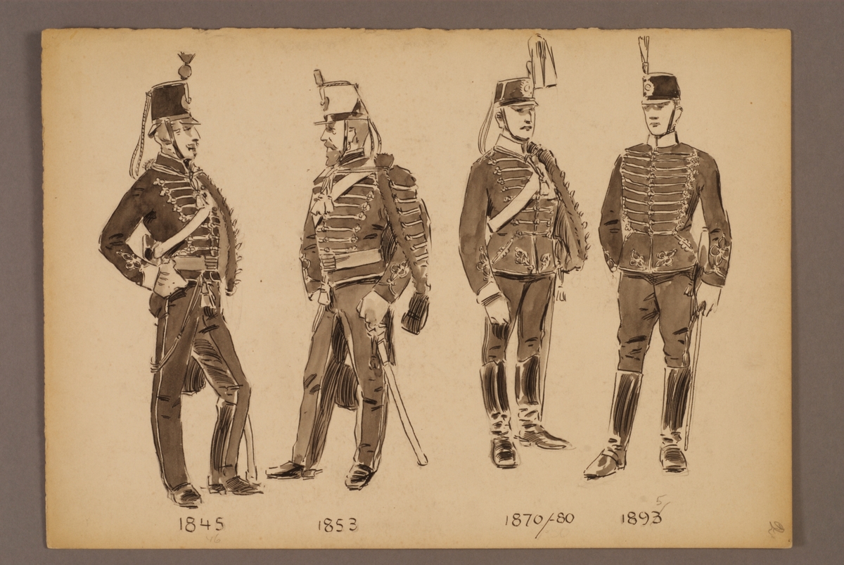 Kjell Hedberg, Plansch med uniform för Livregementets husarer för åren 1845-1895, ritad av Einar von Strokirch.
