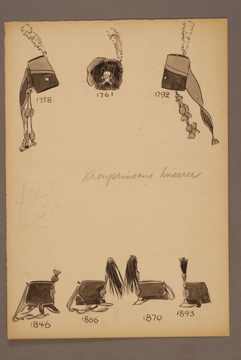 Kjell Hedberg, Plansch with headgear for the Crown Prince’s house regiment for the years 1758-1893, drawn by Einar von Strokirch.