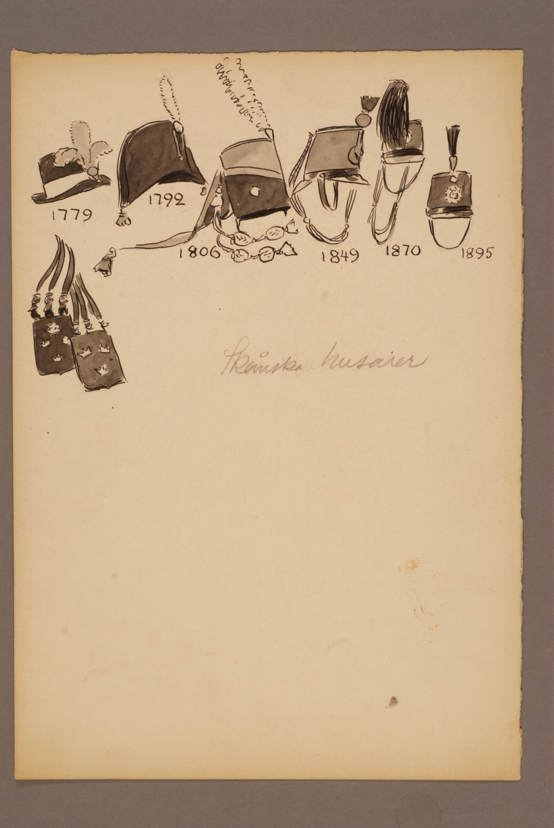 Kjell Hedberg, Plansch med huvudbonader för Skånska husarregemente för åren 1748-1807, ritad av Einar von Strokirch.