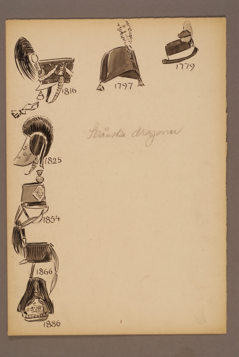 Kjell Hedberg, Plansch med huvudbonader för Skånska dragoner för åren 1779-1886, ritad av Einar von Strokirch.