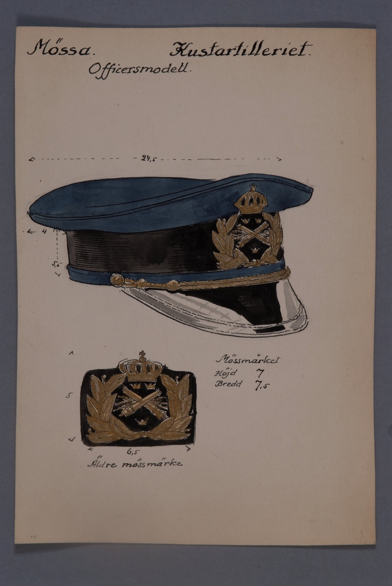 Kjell Hedberg, Uniformsteckning i original av Einar von Strokirch, mössa för officer vid Kustartilleriet.