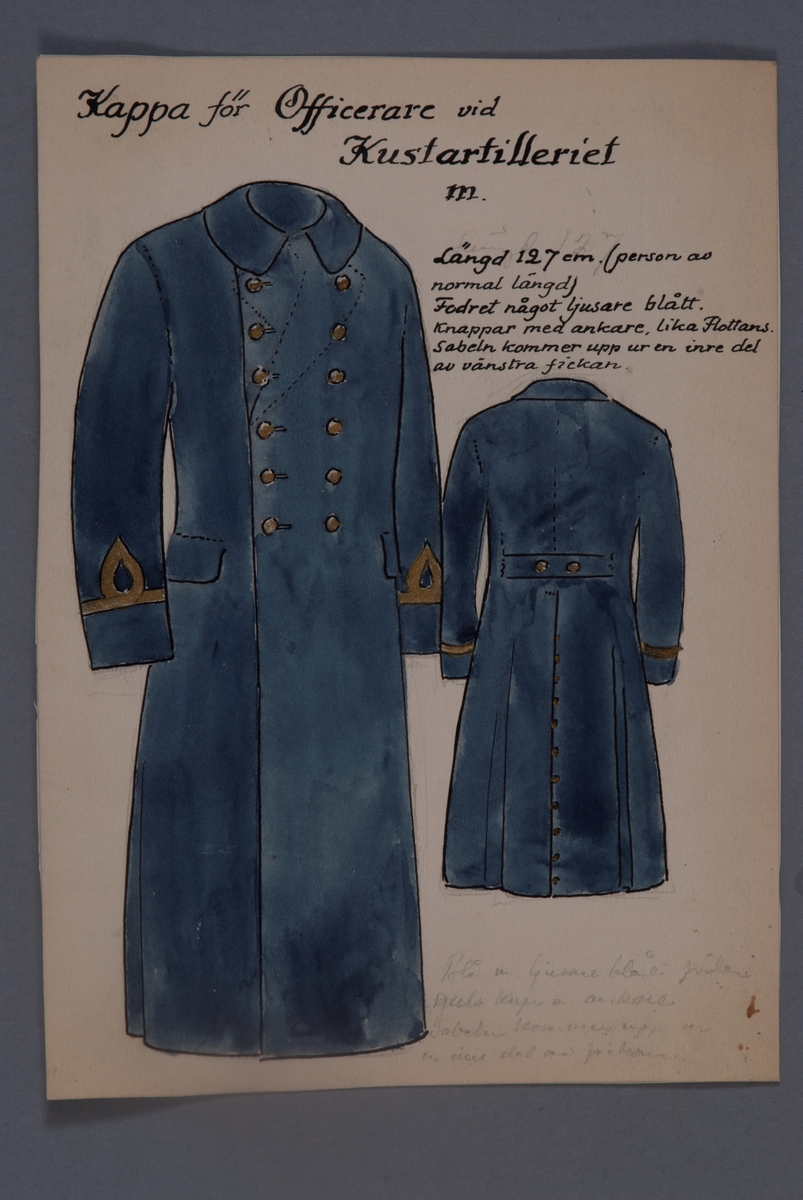 Kjell Hedberg, Uniformsteckning i original av Einar von Strokirch, kappa för officer vid Kustartilleriet.