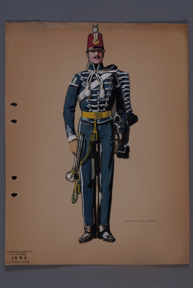 Kjell Hedberg, Plansch med uniform för trumpetare vid Livregementets husarkår för år 1845, ritad av Einar von Strokrich.