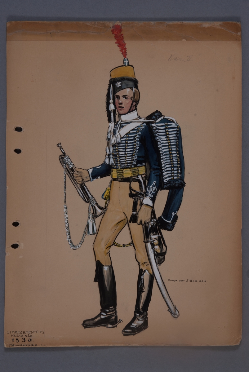 Kjell Hedberg, Plansch med uniform för trumpetare vid Livregementets husarkår för år 1830, ritad av Einar von Strokrich.