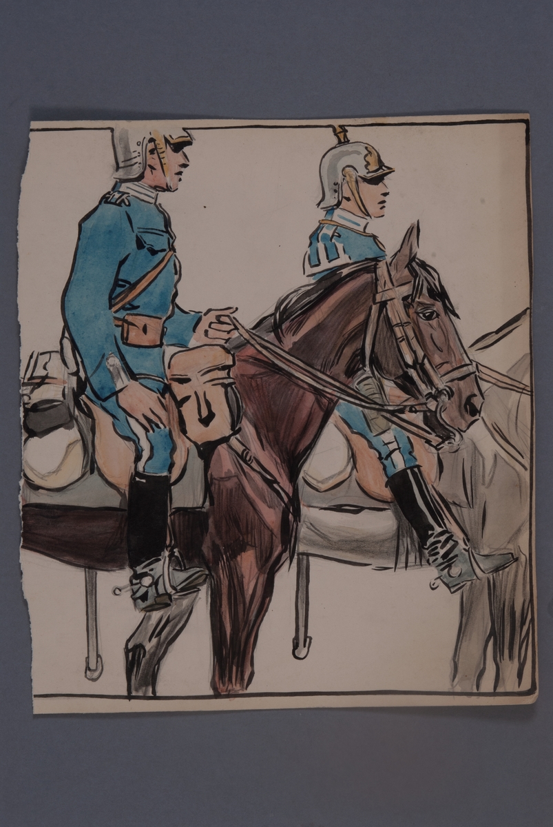 Kjell Hedberg, Plansch with a uniform for Livgardet to horse, drawn by Einar von Strokrich.