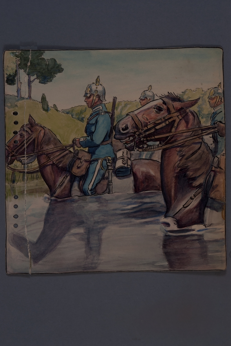 Kjell Hedberg, Plansch med uniform för Livgardet till häst, ritad av Einar von Strokrich. Soldat till häst vadar i vattendrag.