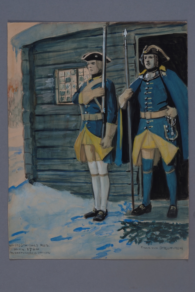 Kjell Hedberg, Plansch med uniform för musketerare och officer vid Västgöta-Dals regemente omkring år 1806, ritad av Einar von Strokrich.