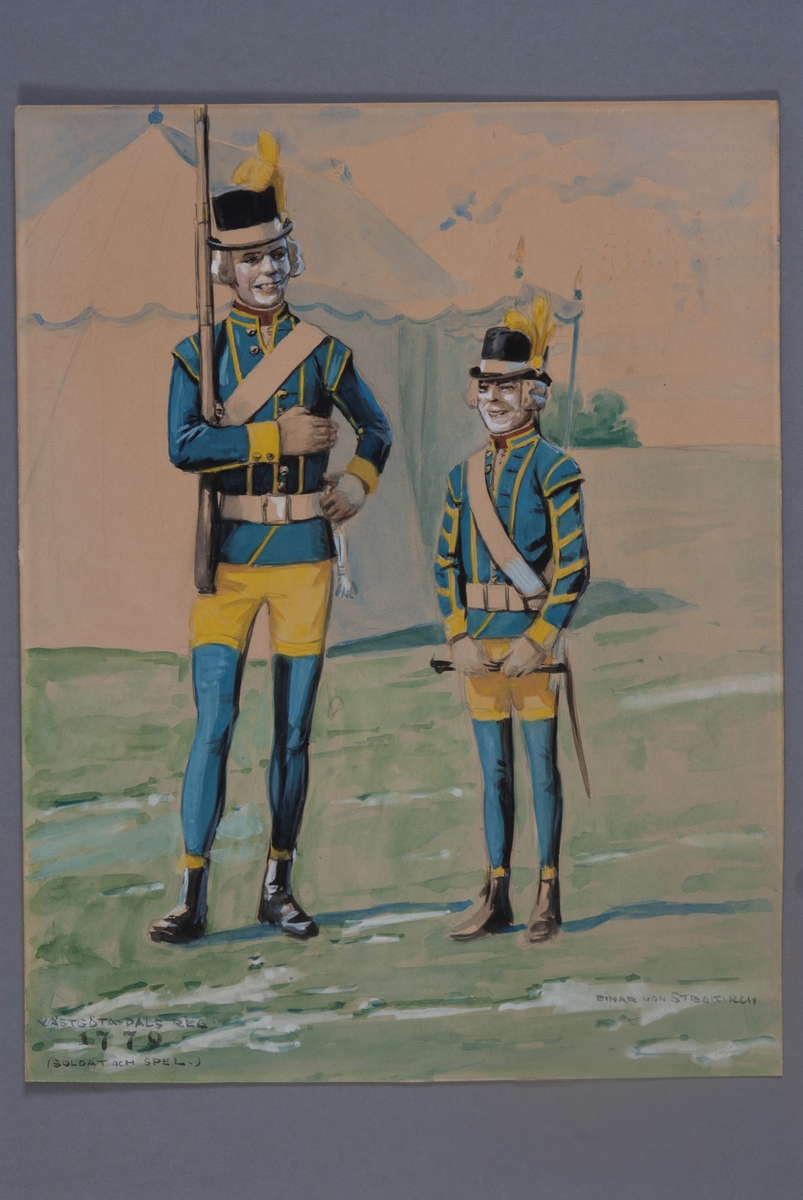 Kjell Hedberg, Plansch med uniform för soldat och spel vid Västgöta-Dals regemente för år 1779, ritad av Einar von Strokrich.
