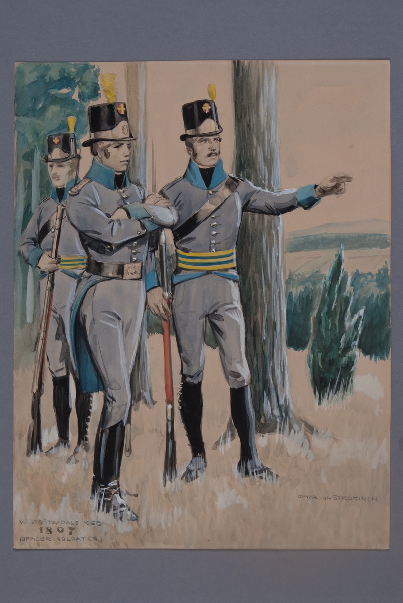 Kjell Hedberg, Plansch med uniform för officer och soldater vid Västgöta-Dals regemente för år 1807, ritad av Einar von Strokrich.