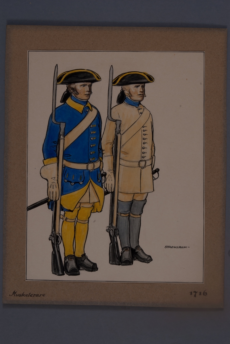 Kjell Hedberg, Plansch i original med uniform för musketerare för år 1716, ritad av Einar von Strokirch.