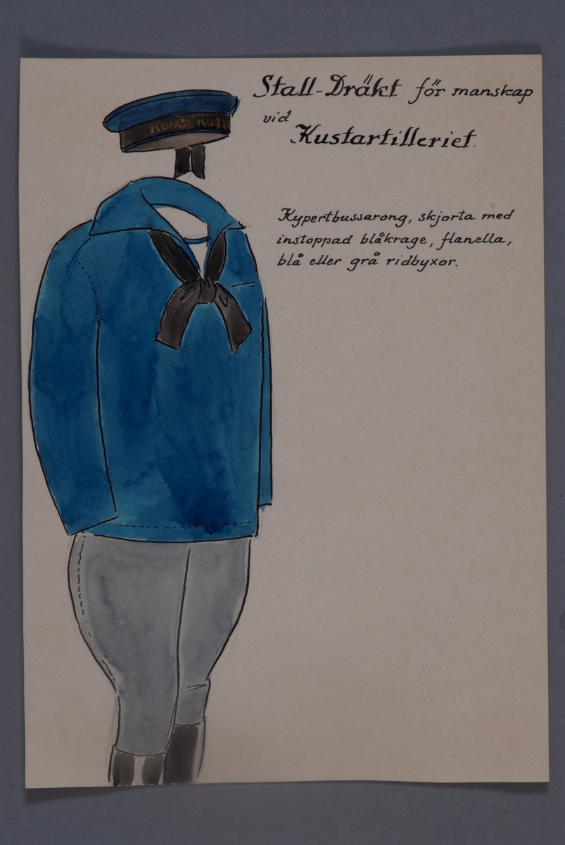 Kjell Hedberg, Uniformsteckning i original av Einar von Strokirch, stalldräkt för manskap vid Kustartilleriet.