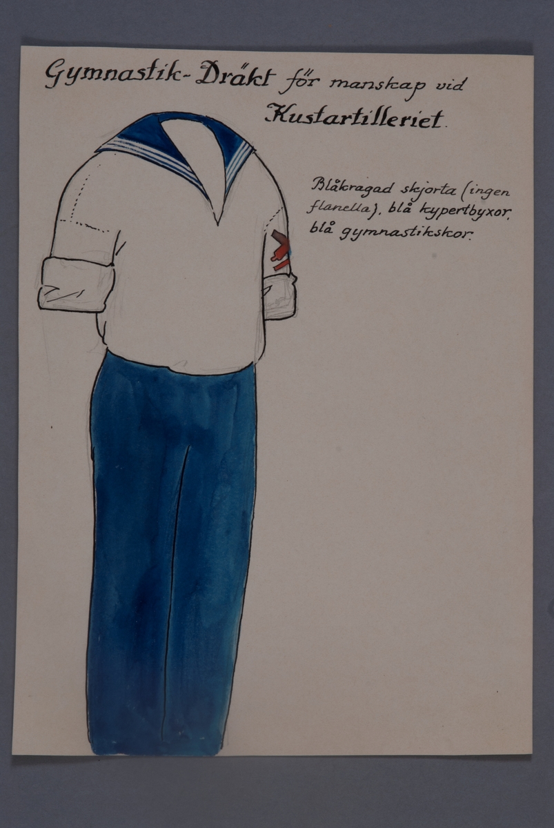 Kjell Hedberg, Uniformsteckning i original av Einar von Strokirch, gymnastikdräkt för manskap vid Kustartilleriet.