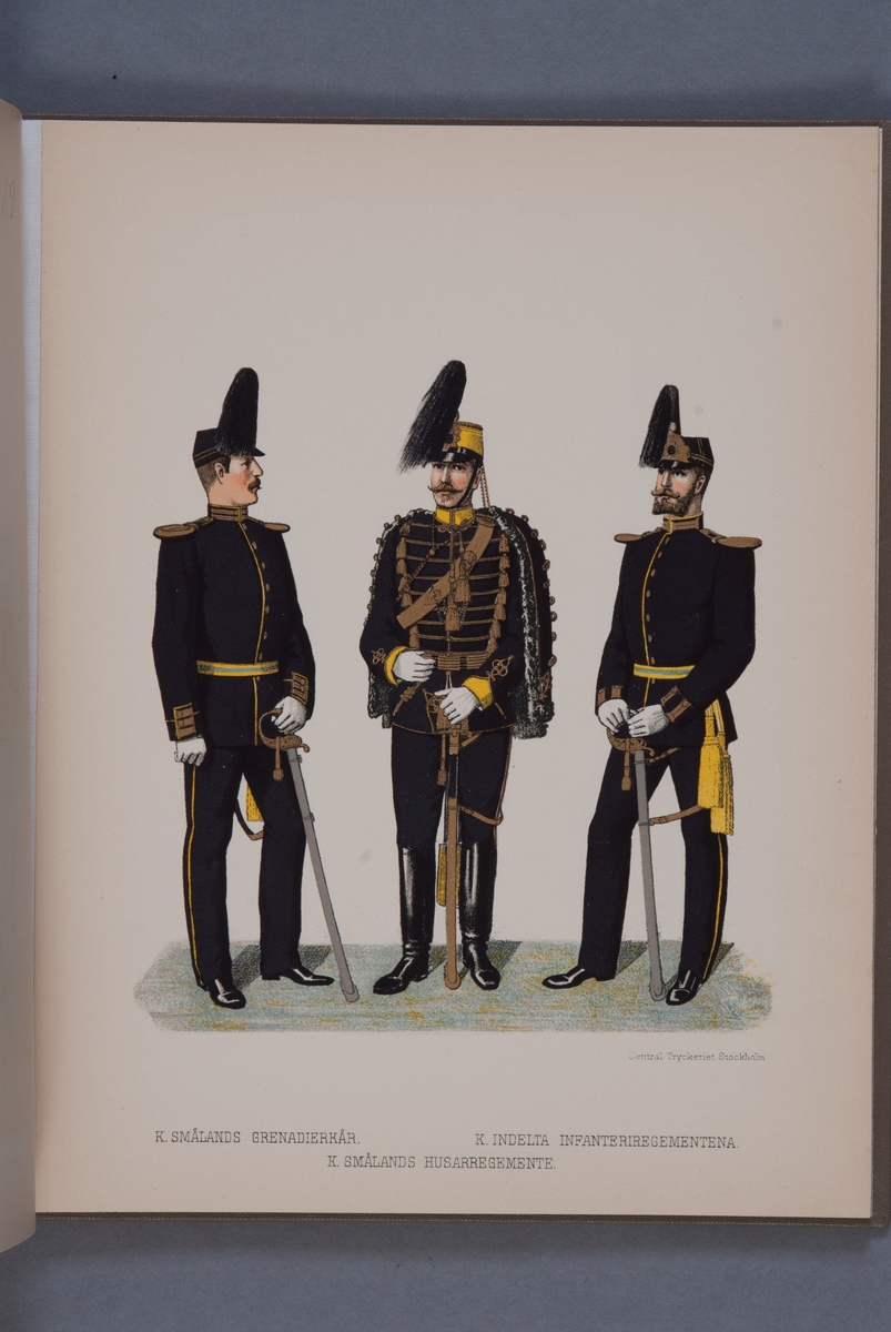 Kjell Hedberg, Plansch in colour printing with uniform for Småland’s branch iron corps, Indelta infantry regiments and Småland’s house regiment. Included in the book The uniforms of the Swedish Army and the Navy, published by P.B Eklund in 1891.
