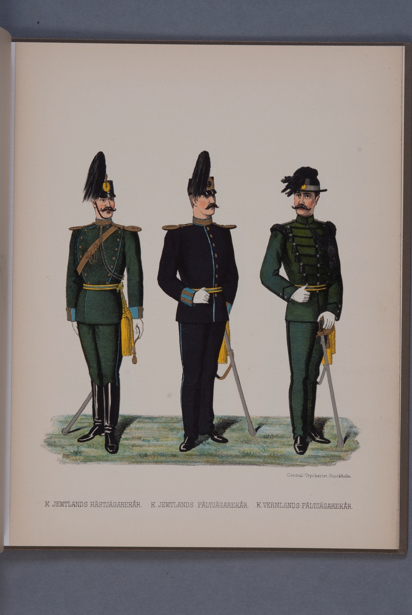 Kjell Hedberg, Plansch i färgtryck med uniform för Jämtlands hästjägarkår, Jämtlands fältjägarkår och Värmlands fältjägarkår. Ingår i boken Svenska arméns och flottans uniformer, utgiven av P.B Eklund 1891.