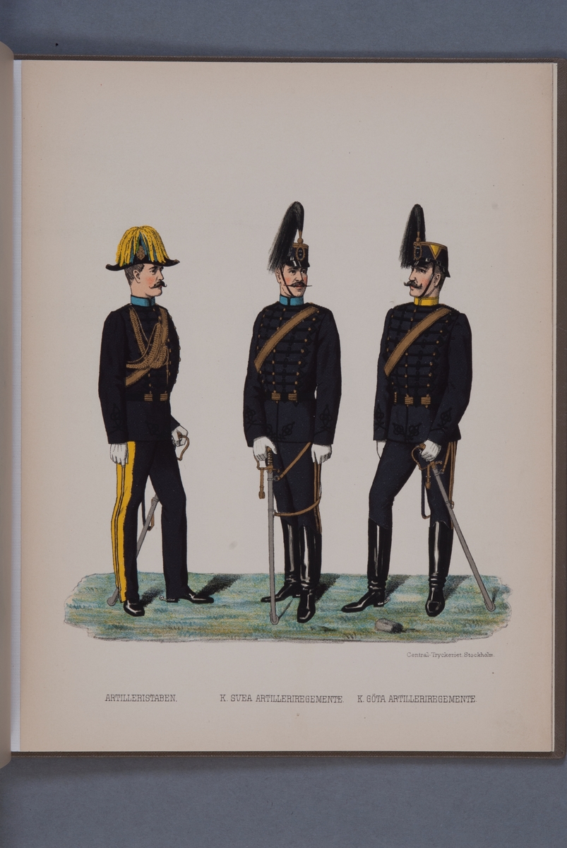 Kjell Hedberg, Plansch i färgtryck med uniform för Artilleristaben, Svea artilleriregemente och Göta artilleriregemente. Ingår i boken Svenska arméns och flottans uniformer, utgiven av P.B Eklund 1891.