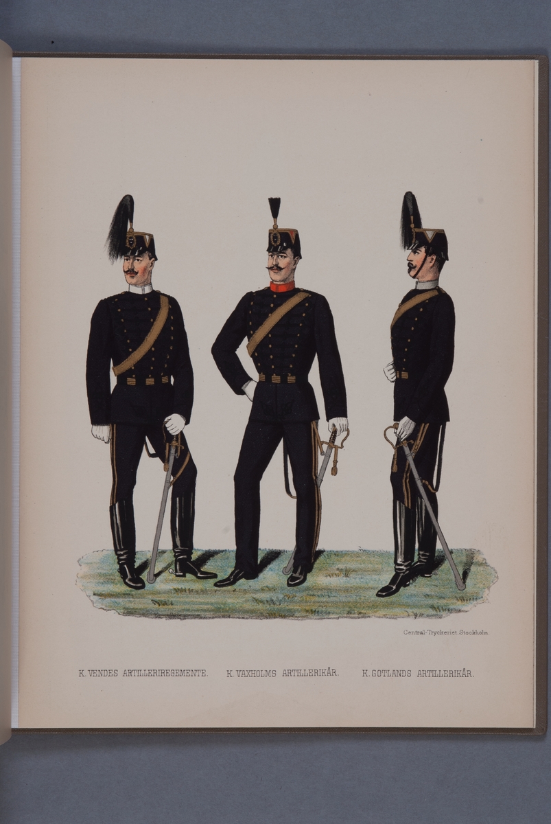 Kjell Hedberg, Plansch i färgtryck med uniform för Wendes artilleriregemente, Vaxholm artillerikår och Gotlands artillerikår. Ingår i boken Svenska arméns och flottans uniformer, utgiven av P.B Eklund 1891.