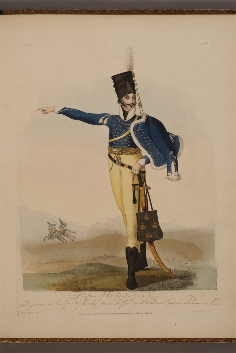 Kjell Hedberg, Plansch med uniform för Livregementets husarkår, ritad av Frederic Eben i boken The Swedish Army, utgiven 1808.