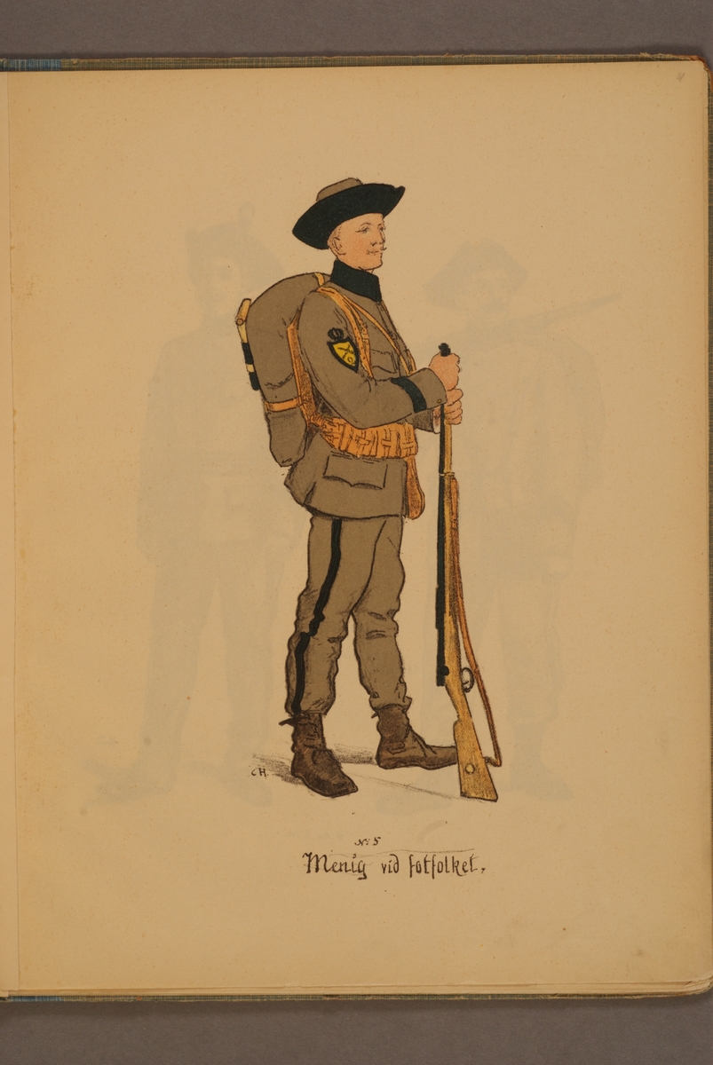 Kjell Hedberg, Menig vid fotfolket iförd uniform m/1906. Illustration av Carl Hellström i skriften Huvudsakliga innehållet af Generalorder den 26 okt. 1906 n:r 1170-1176.