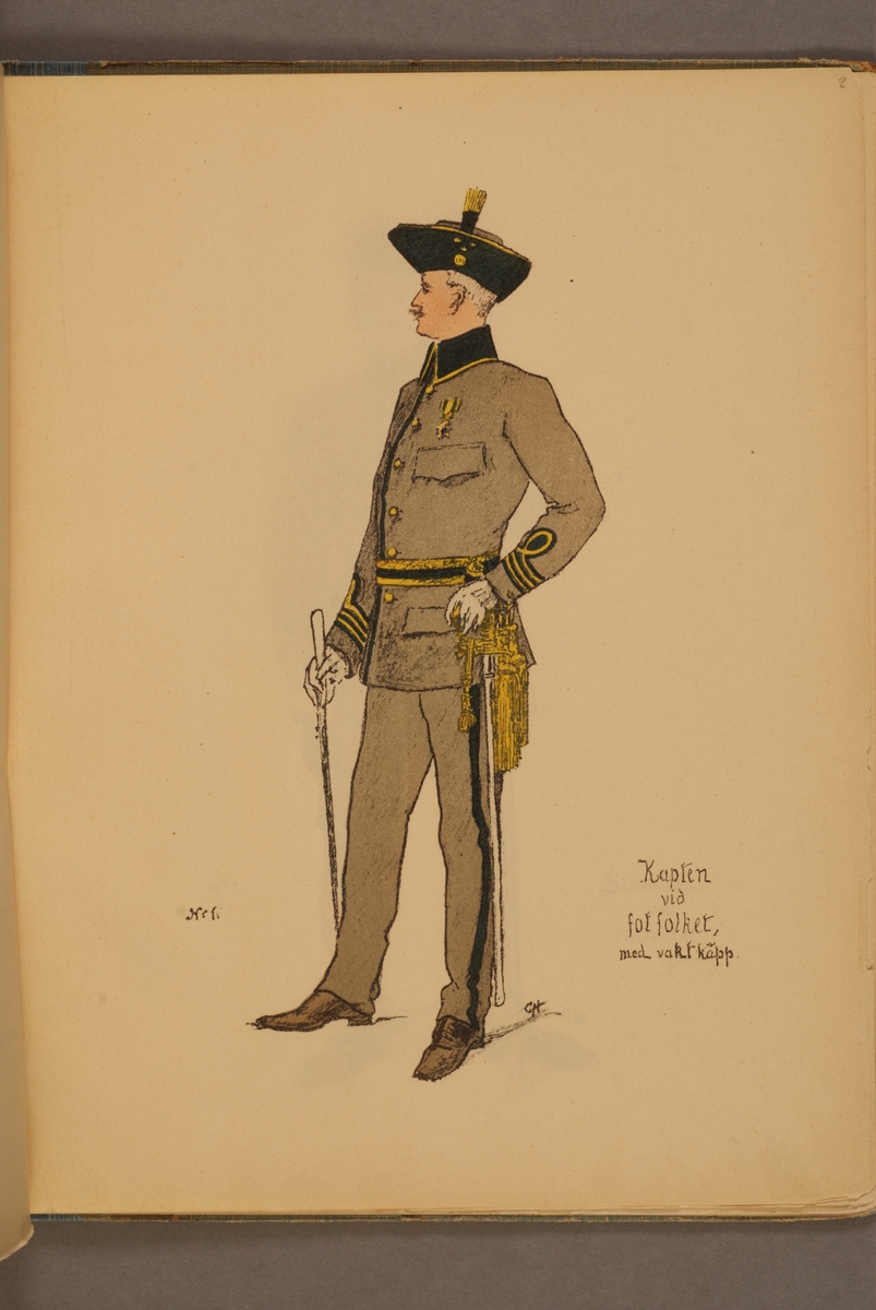 Kjell Hedberg, Kapten vid fotfolket med vaktkäpp iförd uniform m/1906. Illustration av Carl Hellström i skriften Huvudsakliga innehållet af Generalorder den 26 okt. 1906 n:r 1170-1176.