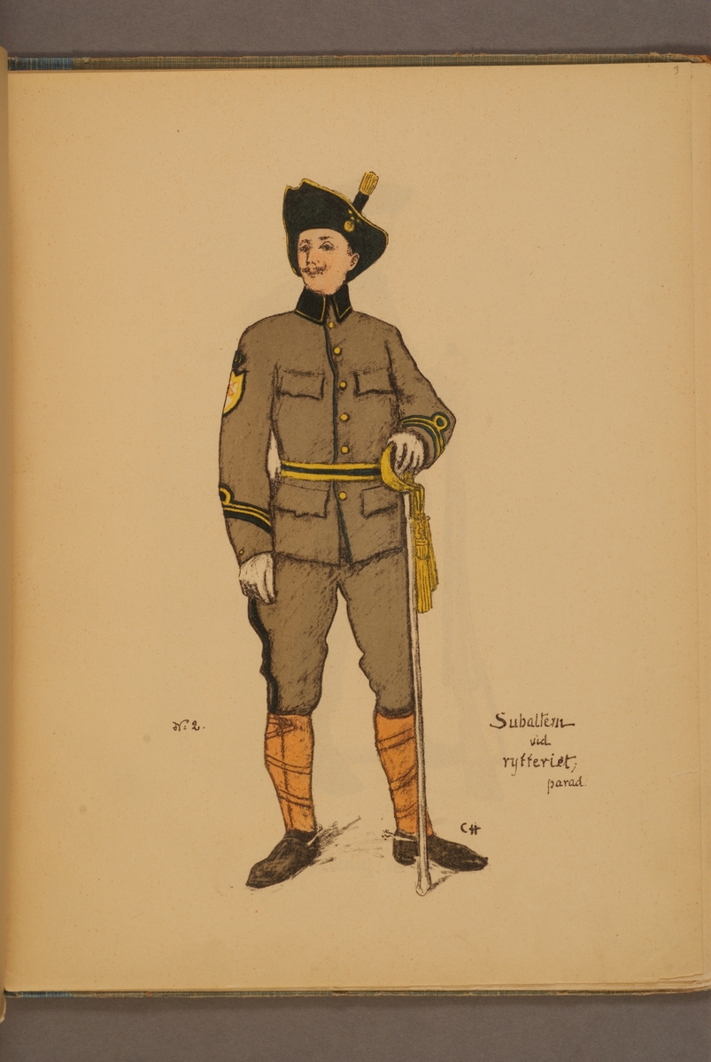 Kjell Hedberg, Subaltern vid rytteriet iförd paraduniform m/1906. Illustration av Carl Hellström i skriften Huvudsakliga innehållet af Generalorder den 26 okt. 1906 n:r 1170-1176.