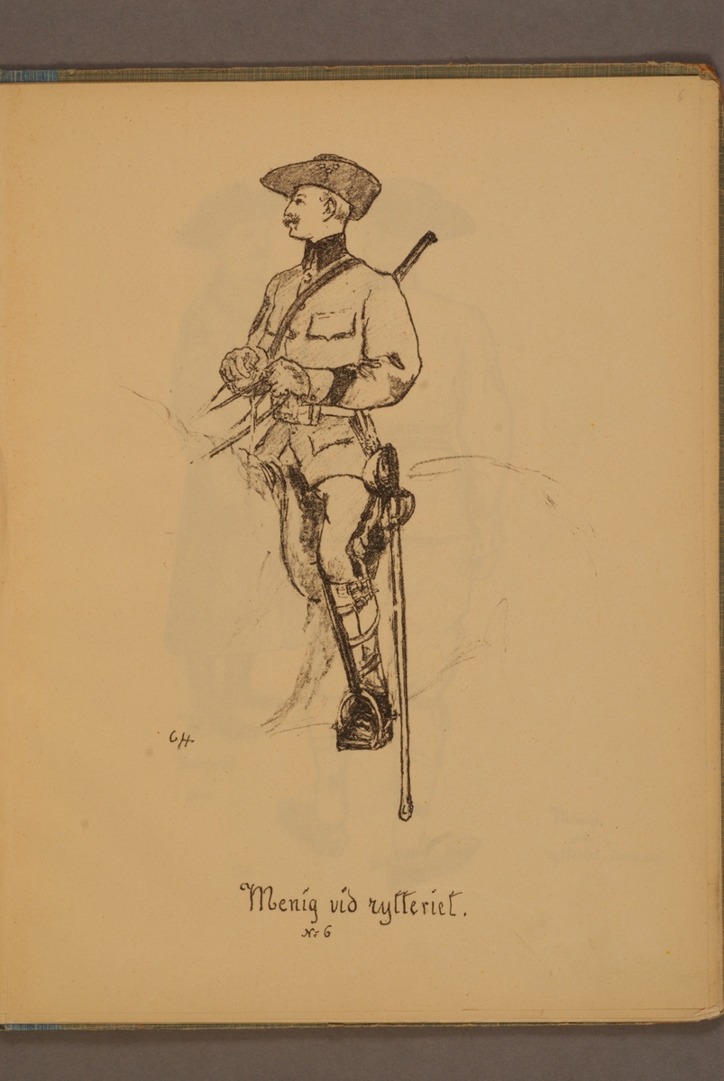 Kjell Hedberg, Menig vid rytteriet iförd uniform m/1906. Illustration av Carl Hellström i skriften Huvudsakliga innehållet af Generalorder den 26 okt. 1906 n:r 1170-1176.
