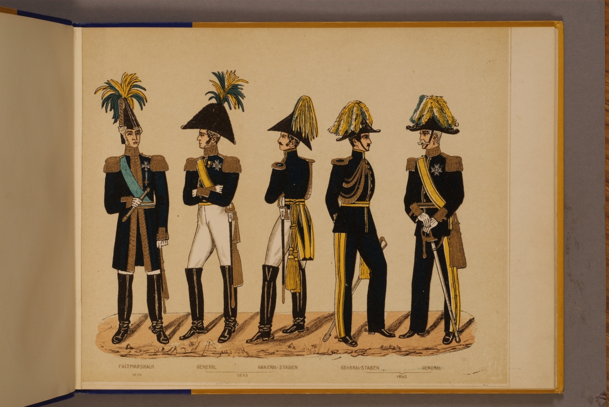 Kjell Hedberg, Plansch in colour printing with uniform for field marshal, general and general staff for the years 1814-1845. Included in the collection of the Svenska Army and Navy officers from P.B Eklund.