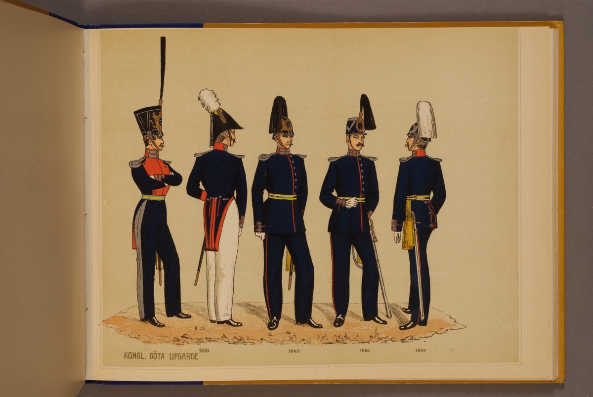 Kjell Hedberg, Plansch i färgtryck med uniform för Göta livgarde för åren 1816-1888. Ingår i planschsamlingen Svenska arméns och flottans officersmunderingar utgiven av P.B Eklund.
