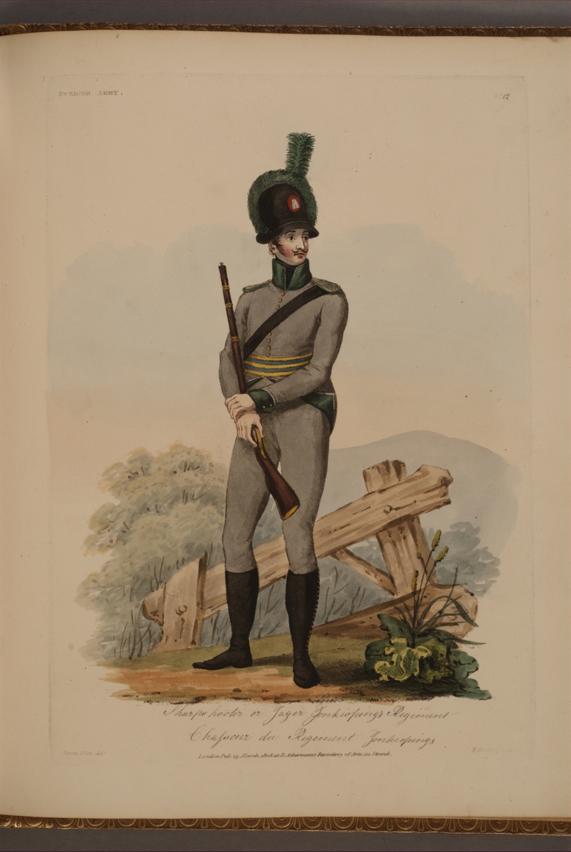 Kjell Hedberg, Plansch med uniform för Skarpskytt eller jägare vid Jönköpings regemente, ritad av Frederic Eben i boken The Swedish Army, utgiven 1808.