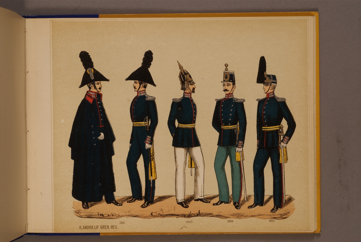 Kjell Hedberg, Plansch i färgtryck med uniform för Andra livgrenadjärregementet för åren 1816-1872. Ingår i planschsamlingen Svenska arméns och flottans officersmunderingar utgiven av P.B Eklund.