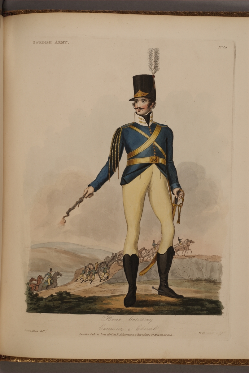 Kjell Hedberg, Plansch med uniform för beridet artilleri, ritad av Frederic Eben i boken The Swedish Army, utgiven 1808.