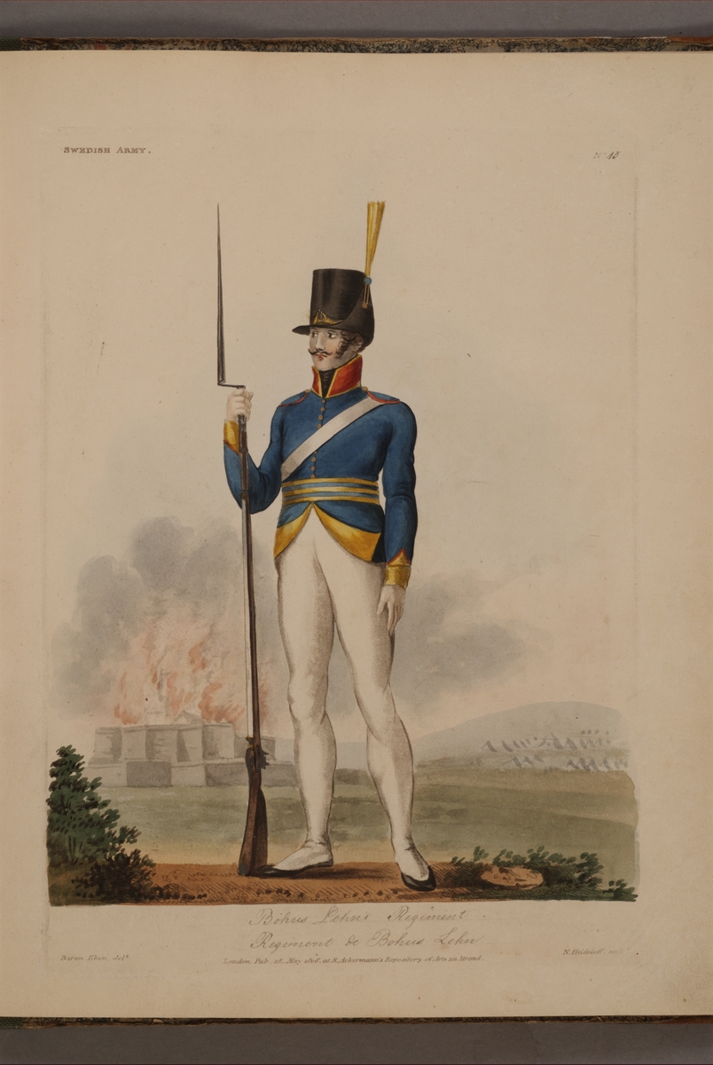 Kjell Hedberg, Plansch med uniform för Bousläns regemente, ritad av Frederic Eben i boken The Swedish Army, utgiven 1808.