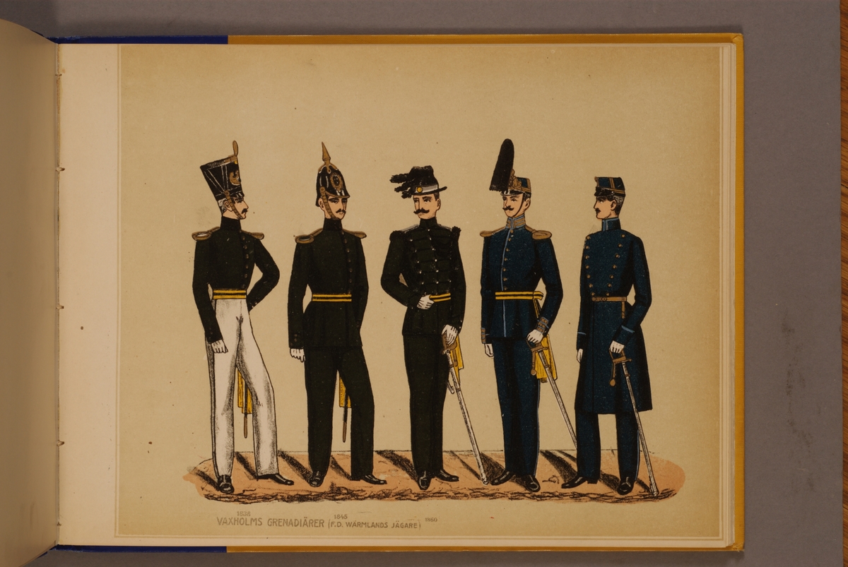 Kjell Hedberg, Plansch i färgtryck med uniform för Vaxholm grenadjärer för åren 1838-1860. Ingår i planschsamlingen Svenska arméns och flottans officersmunderingar utgiven av P.B Eklund.